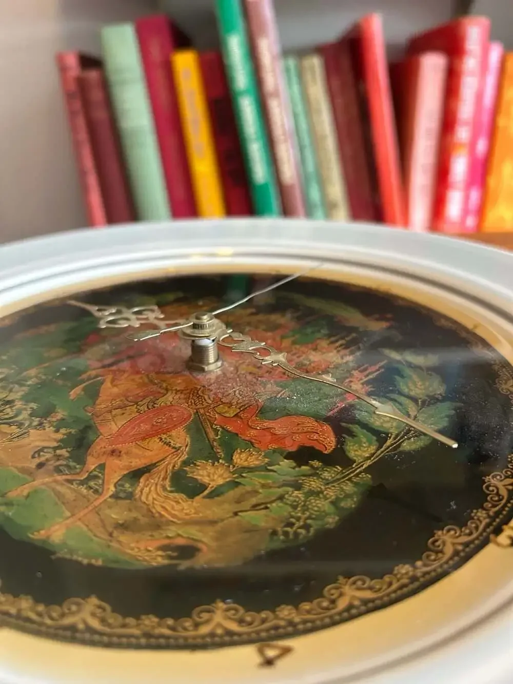 Vintage Russian Lacquer Art Wall Clock Featuring Ruslan and Ludmilla Scene
